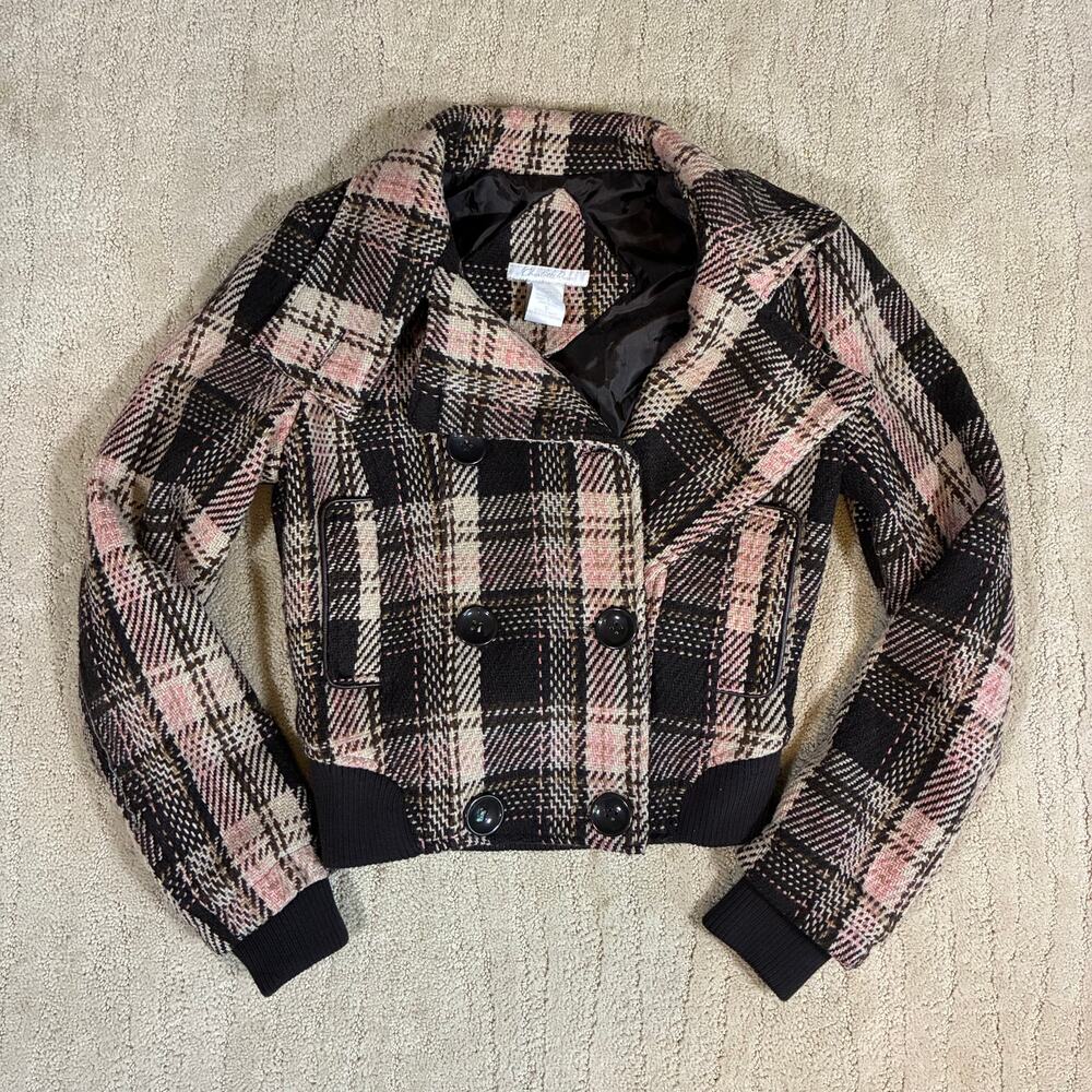 Y2K Charlotte Russe Women S Pink/Brown Plaid Wool Preppy Bomber Jacket Grunge